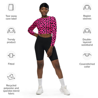 Athletic crop top with neon pink black dots - sleek fit with stretch and airflow for workouts and dynamic movement