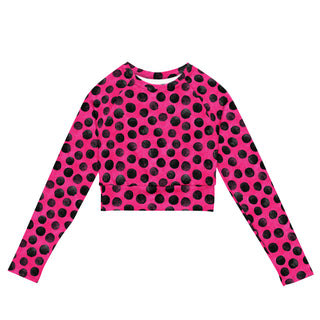 Stretchy crop top for yoga practice and flow - breathable fit with bold neon pink black dots for mindful movement