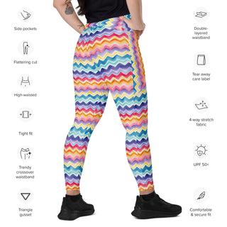 Leggings which shape, stretch, breathe - pastel zigzags with side pockets, crossover fit, and UPF 50+
