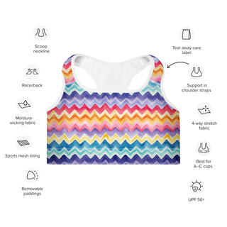 pastel zigzags scoop-neck sports bra - moisture-wicking, lined, and padded for soft racerback support