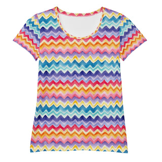 Stretchy athletic t-shirt with pastel zigzags - breathable, fluid design made for movement and active flow
