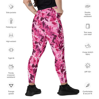Leggings which shape, stretch, breathe - pink camo with side pockets, crossover fit, and UPF 50+