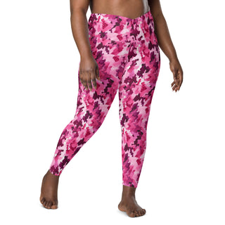 Stretchy crossover leggings for fluid yoga flow, balance, and breathe - styled in bold pink camo