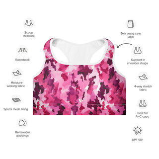 pink camouflage scoop-neck sports bra - moisture-wicking, lined, and padded for soft racerback support