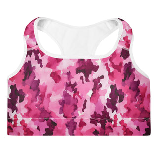 pink camouflage scoop-neck sports bra - moisture-wicking, lined, and padded for soft racerback support