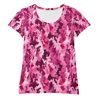 Stretchy athletic t-shirt with pink camouflage - breathable, fluid design made for movement and active flow