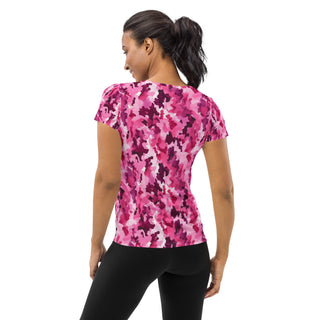 pink camouflage stretchy yoga tee - breathable activewear for running, training, or Pilates flow