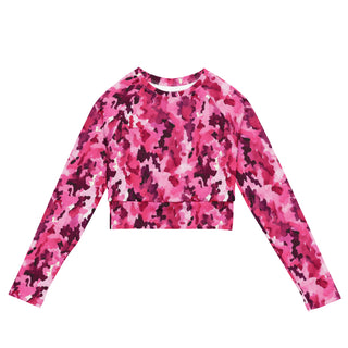 Stretchy crop top for yoga practice and flow - breathable fit with bold pink camouflage for mindful movement