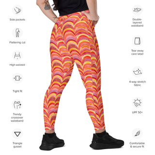 Leggings which shape, stretch, breathe - pink orange rainbows with side pockets, crossover fit, and UPF 50+