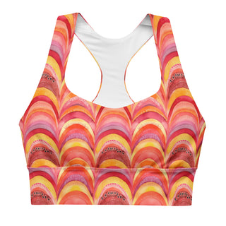 Supportive sports bra with soft fabric - pink orange rainbows print, made for comfort, movement, and bold energy