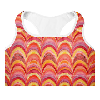 pink-orange rainbows scoop-neck sports bra - moisture-wicking, lined, and padded for soft racerback support