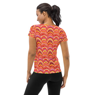 pink-orange rainbows stretchy yoga tee - breathable activewear for running, training, or Pilates flow