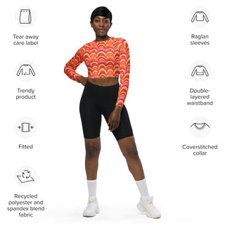 Athletic crop top with pink-orange rainbows - sleek fit with stretch and airflow for workouts and dynamic movement