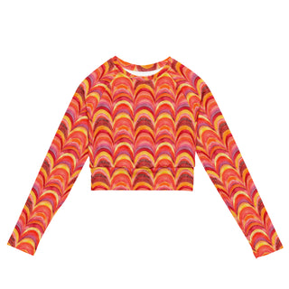 Stretchy crop top for yoga practice and flow - breathable fit with bold pink-orange rainbows for mindful movement