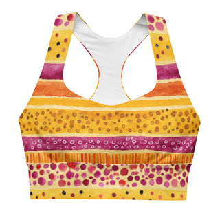Supportive sports bra with soft fabric - pink yellow stripes print, made for comfort, movement, and bold energy