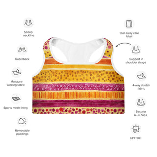 pink-yellow stripes scoop-neck sports bra - moisture-wicking, lined, and padded for soft racerback support
