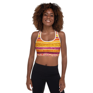 pink-yellow stripes racerback sports bra- light, stretchy, made to move with joy, strength, and upbeat energy
