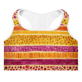 pink-yellow stripes scoop-neck sports bra - moisture-wicking, lined, and padded for soft racerback support