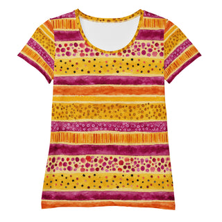 Stretchy athletic t-shirt with pink-yellow stripes - breathable, fluid design made for movement and active flow