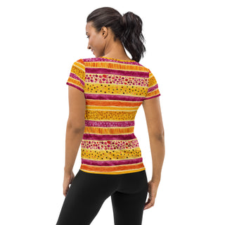 pink-yellow stripes stretchy yoga tee - breathable activewear for running, training, or Pilates flow