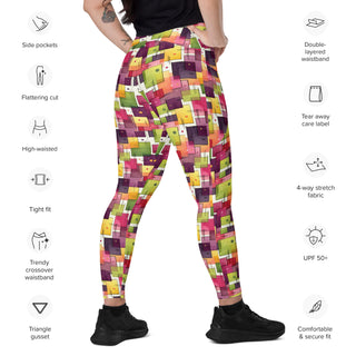Leggings which shape, stretch, breathe - plum green squares with side pockets, crossover fit, and UPF 50+