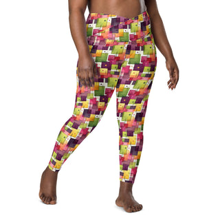 Stretchy crossover leggings for fluid yoga flow, balance, and breathe - styled in bold plum-green squares
