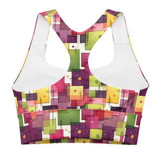 plum-green squares sports bra - supportive fit with removable padding for soft comfort, control, and bold motion