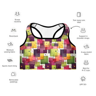plum-green squares scoop-neck sports bra - moisture-wicking, lined, and padded for soft racerback support