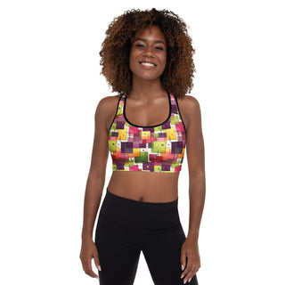 plum-green squares racerback sports bra- light, stretchy, made to move with joy, strength, and upbeat energy