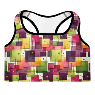 plum-green squares scoop-neck sports bra - moisture-wicking, lined, and padded for soft racerback support