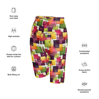 Athletic shorts with plum-green squares - sleek fit with stretch for workouts and dynamic movement
