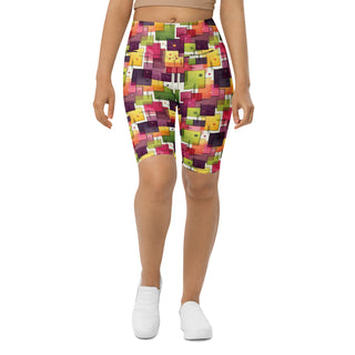plum-green squares yoga shorts - bold, stretchy design built for deep yoga squats, flexible flow, and control