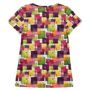 plum-green squares stretch t-shirt - lightweight, flexible design for energized movement and active comfort