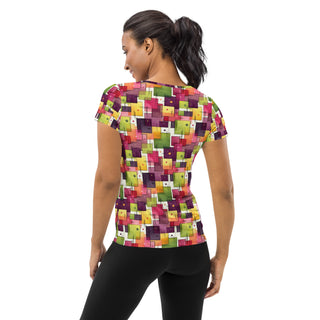 plum-green squares stretchy yoga tee - breathable activewear for running, training, or Pilates flow