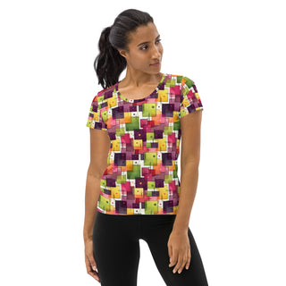 plum-green squares athletic t shirt - moisture-wicking, stretchy fit for yoga, training, and movement