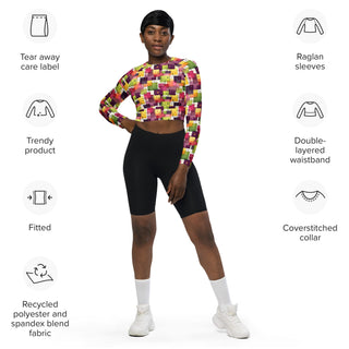 Athletic crop top with plum-green squares - sleek fit with stretch and airflow for workouts and dynamic movement