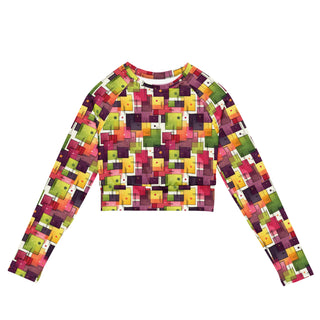 Stretchy crop top for yoga practice and flow - breathable fit with bold plum-green squares for mindful movement