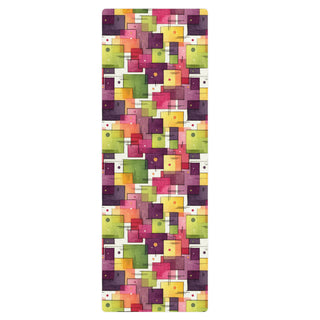 Grippy, cushioned, and lightweight - your plum-green squares mat supports balance, and flowing movement