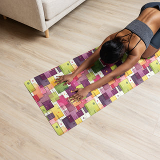 Yoga mat with plum-green squares pattern - cushioned, tactile, and made for smooth, comfortable movement