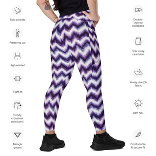 Leggings which shape, stretch, breathe - purple zigzags with side pockets, crossover fit, and UPF 50+