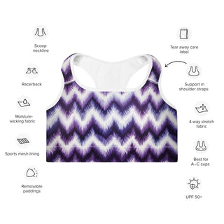 purple zigzags scoop-neck sports bra - moisture-wicking, lined, and padded for soft racerback support