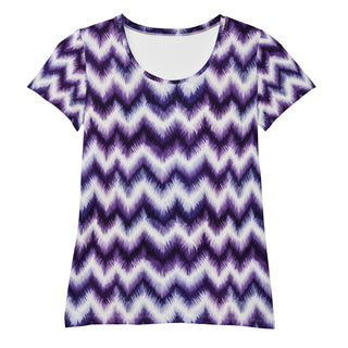 Stretchy athletic t-shirt with purple zigzags - breathable, fluid design made for movement and active flow