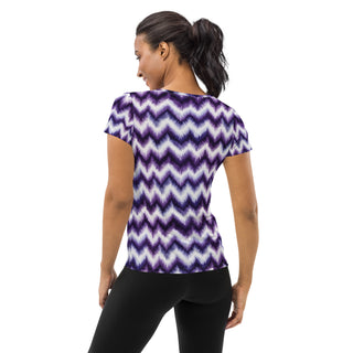 purple zigzags stretchy yoga tee - breathable activewear for running, training, or Pilates flow