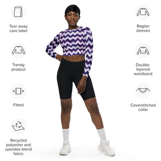 Athletic crop top with purple zigzags - sleek fit with stretch and airflow for workouts and dynamic movement