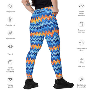 Leggings which shape, stretch, breathe - retro blue orange waves with side pockets, crossover fit, and UPF 50+