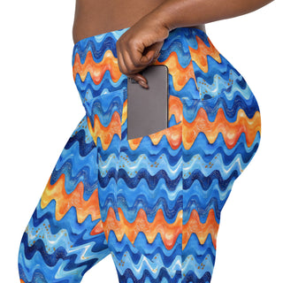 retro blue orange waves crossover leggings - stretchy and built for bold motion, flexible flow, and fierce energy