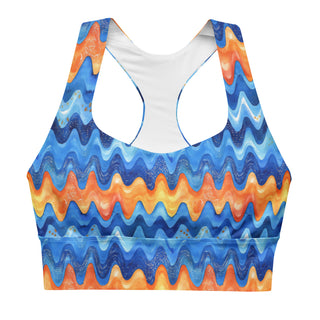 Supportive sports bra with soft fabric - retro blue orange waves print, made for comfort, movement, and bold energy