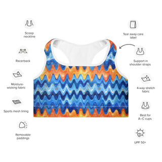 retro blue orange waves scoop-neck sports bra - moisture-wicking, lined, and padded for soft racerback support