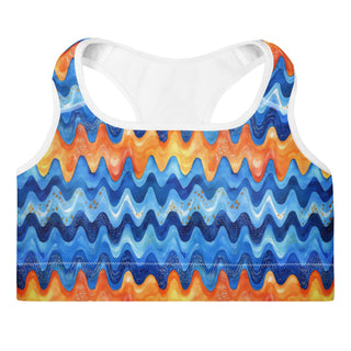 retro blue orange waves scoop-neck sports bra - moisture-wicking, lined, and padded for soft racerback support