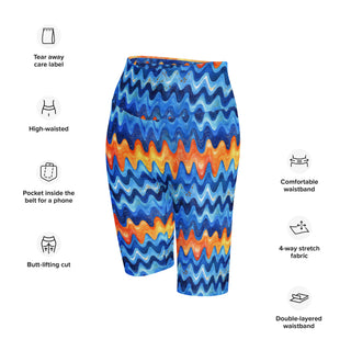 Athletic shorts with retro blue orange waves - sleek fit with stretch for workouts and dynamic movement